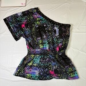 Grass Collection One Shoulder Studded Animal Print Tunic Top XL Black Multi NWT